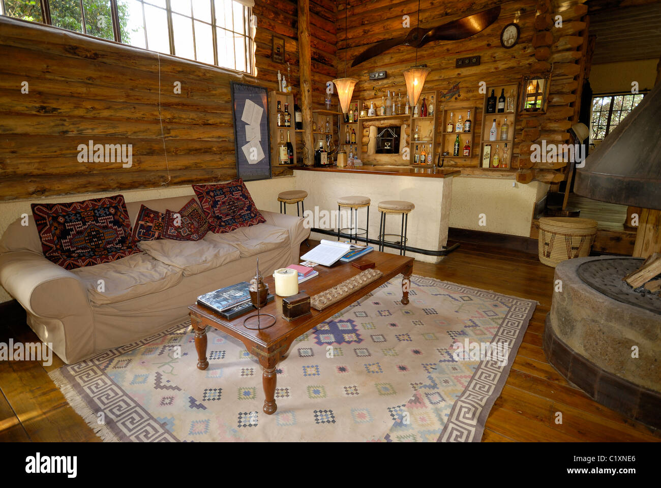 interior shot of log cabin in Ngong House Safari Hotel, Nairobi, Kenya, Africa Stock Photo Alamy