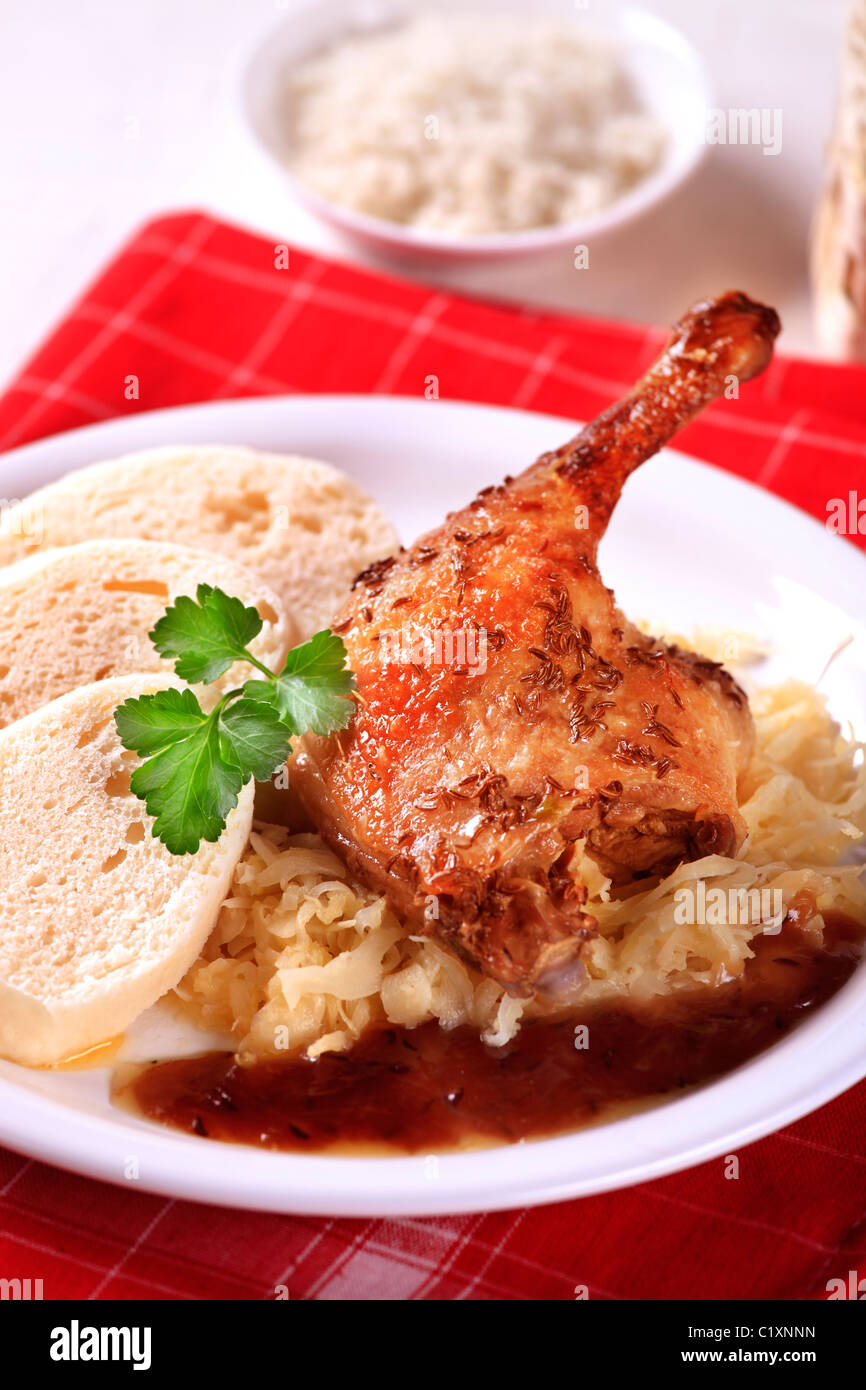 Czech ciusine Roast duck with sauerkraut and dumplings Stock Photo