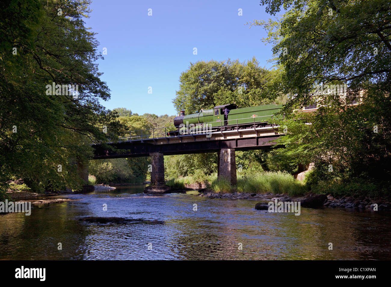South Devon Preserved Steam Railway with Collett Locomotive no. 3205 crossing the River Dart near Buckfastleigh, Devon, England, UK Stock Photo