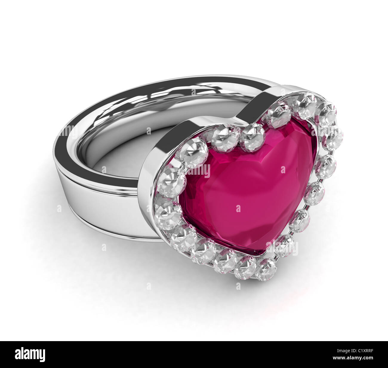 3D Illustration of a Diamond Encrusted Ring with a Heart-shaped Ruby on Top Stock Photo