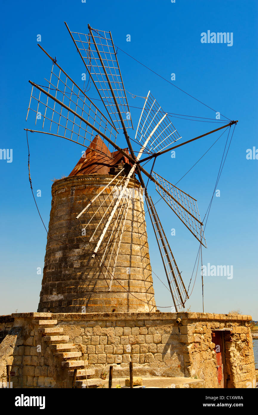 Maria Stella salt pan windmill, Trapani, Sicily Stock Photo