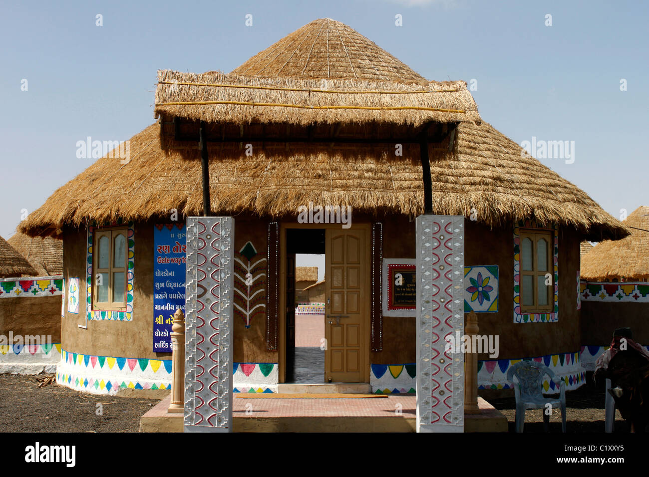 A hut with mud painting on wall in Kutch, Gujarat, India Stock Photo
