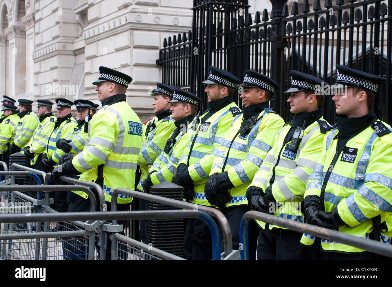 Police officers guarding 10 Downing Street, TUC March for the Alternative, London, UK, 26/03/2011 Stock Photo