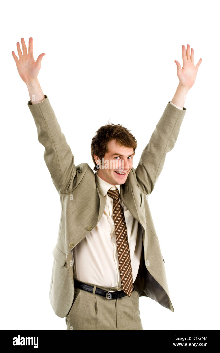 Portrait of joyful businessman with his arms raised Stock Photo - Alamy