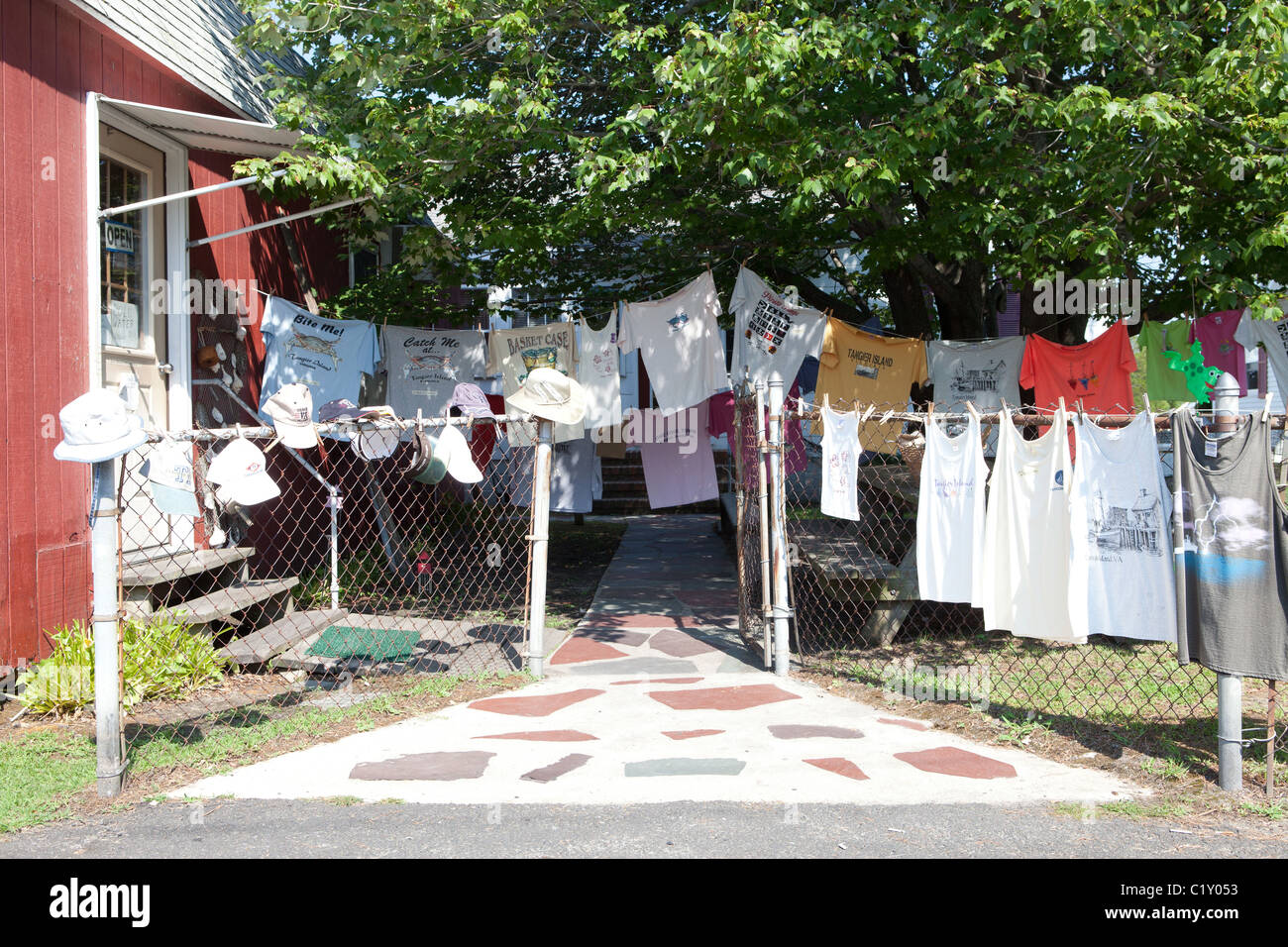 Tourist tee shirts hanging on Tangier island, Chesapeake Bay, Virginia Stock Photo