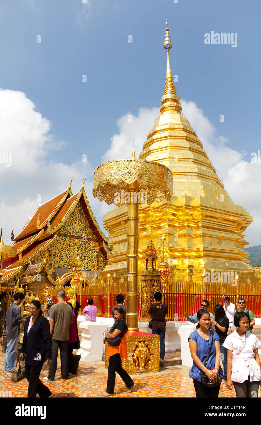 Tourists at the Famous Buddhist Temple of Wat Phrathat Doi Suthep in Chiang Mai, Thailand Stock Photo
