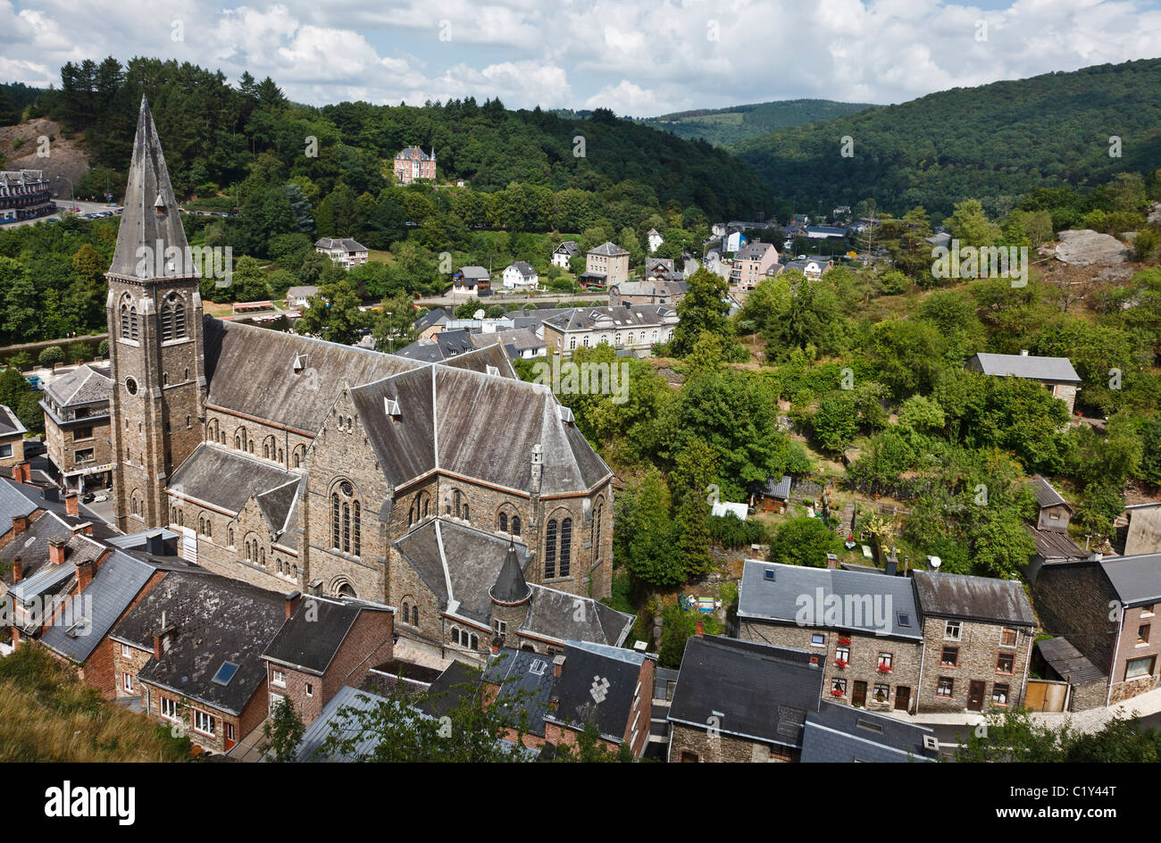 View of St Nicholas' Church from the castle ramparts, La Roche-en ...