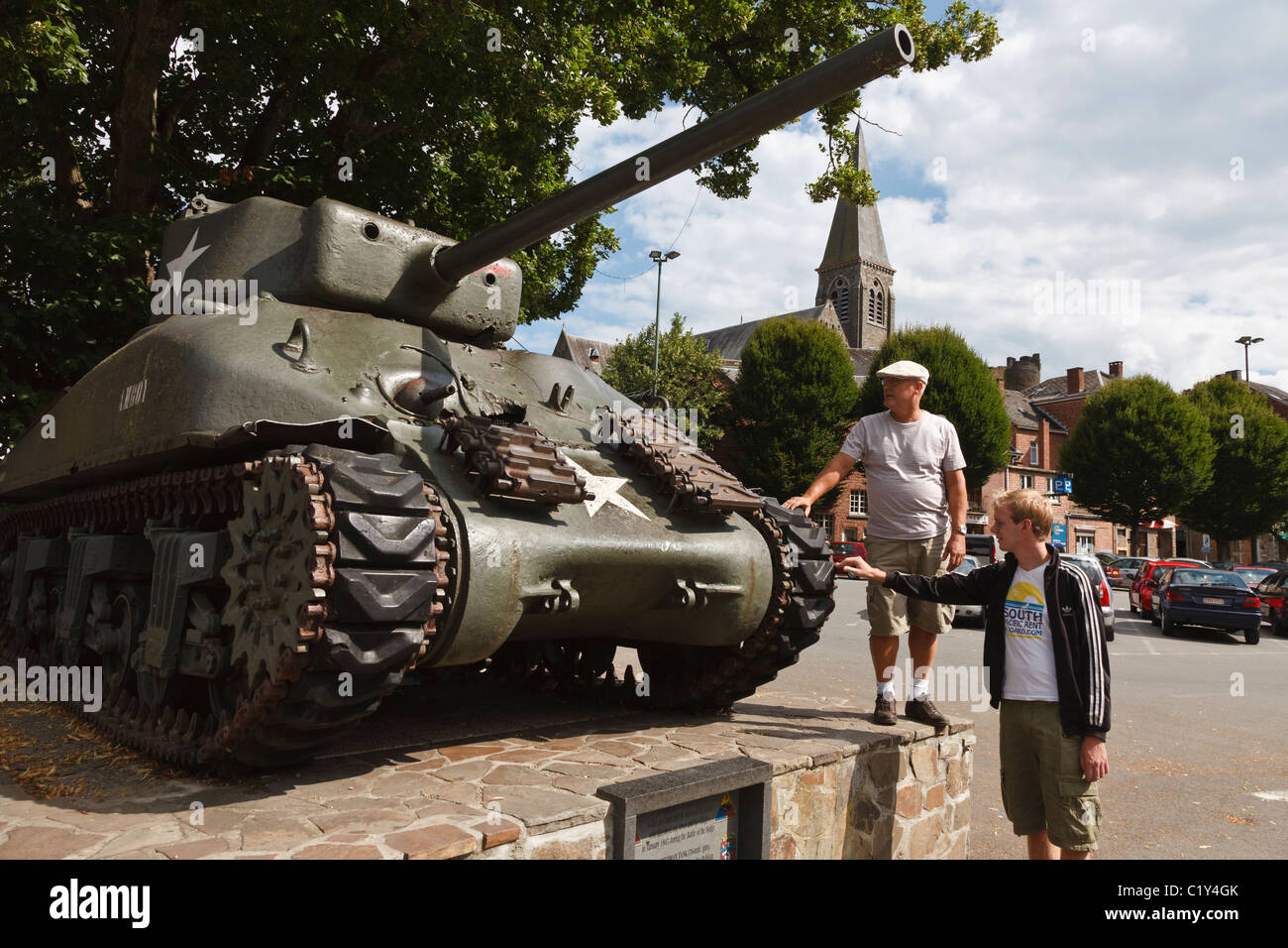 American Sherman tank placed as a memorial of the Battle of the Bulge, La Roche-en-Ardenne, Luxembourg, Wallonia, Belgium Stock Photo