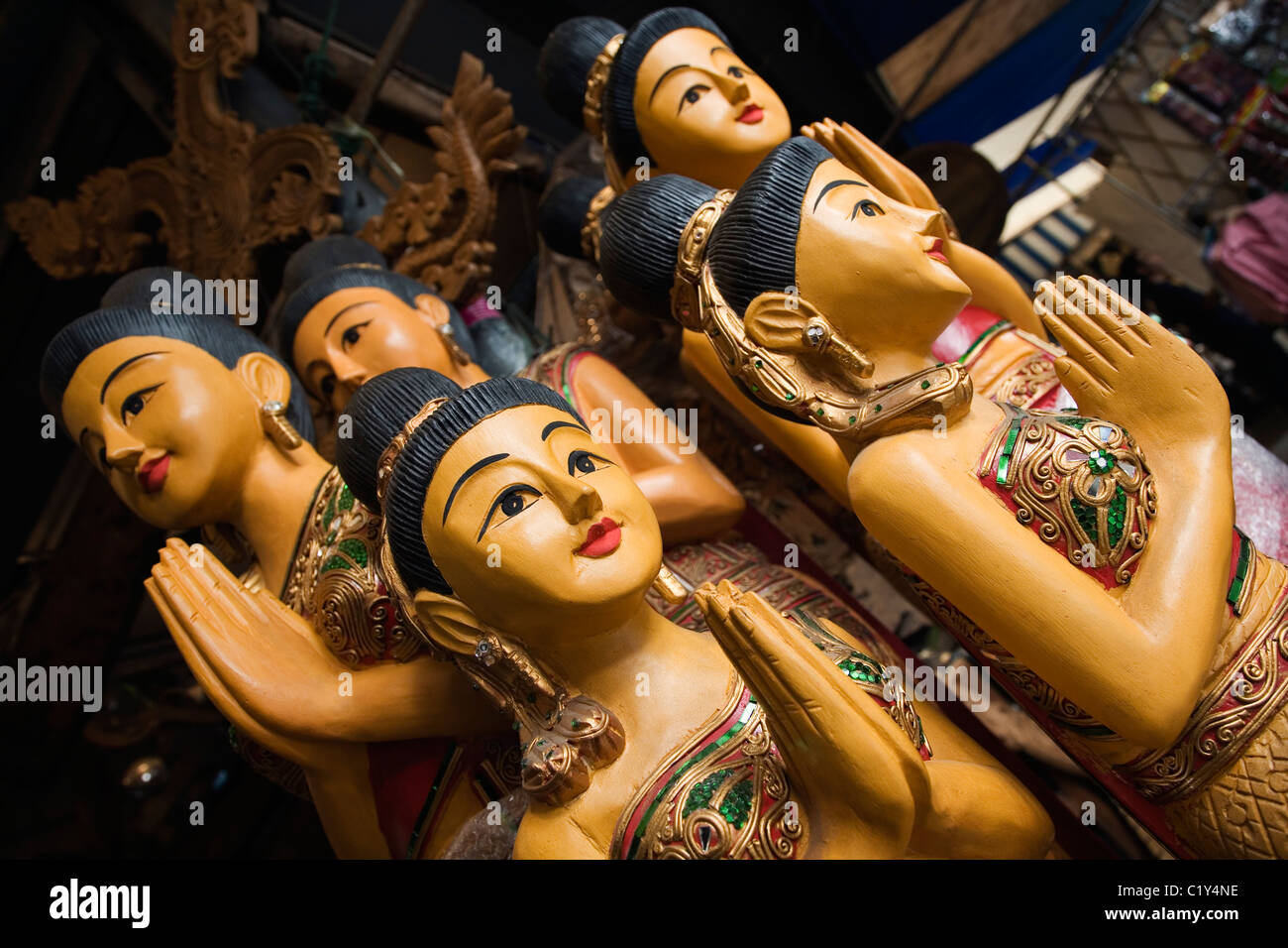 Wooden handicrafts for sale at the Chatuchak Weekend Market in Bangkok