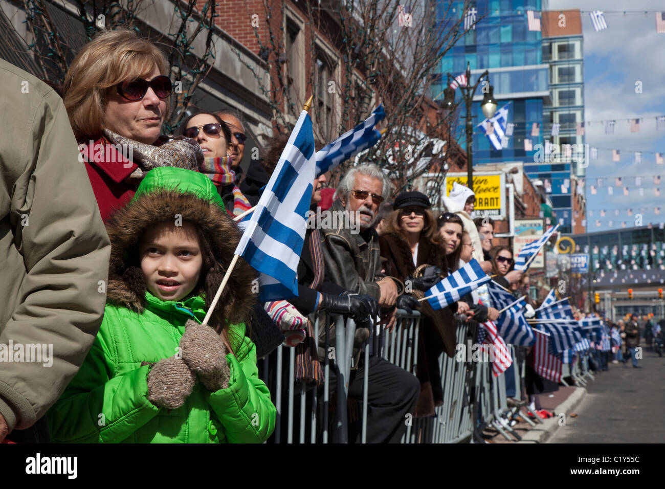 Greek-Americans at Greek Independence Day Parade in Detroit Stock Photo