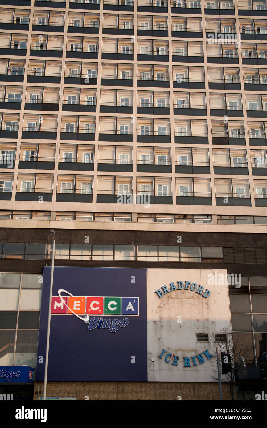 Bradford Ice rink and Mecca Bingo entrance under a sixties tower block
