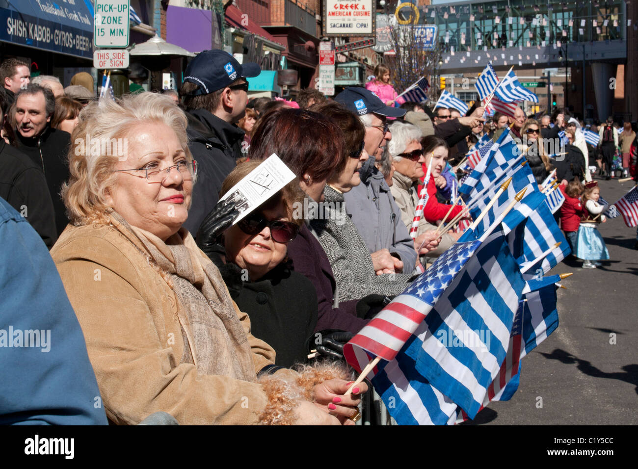 Greek-Americans at Greek Independence Day Parade in Detroit Stock Photo