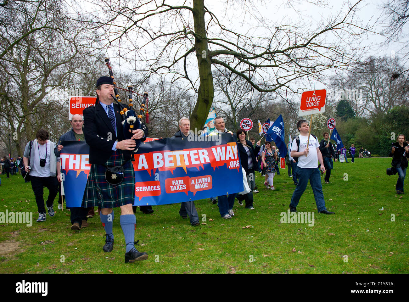 Piper in kilt at March for the Alternative rally organised by the TUC, London, England Stock Photo