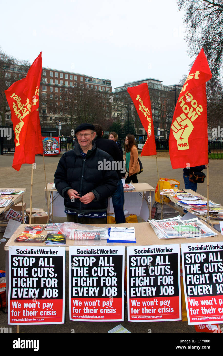 Man selling Socialist Worker in Hyde Park at March for the Alternative rally organised by the TUC, London, England Stock Photo