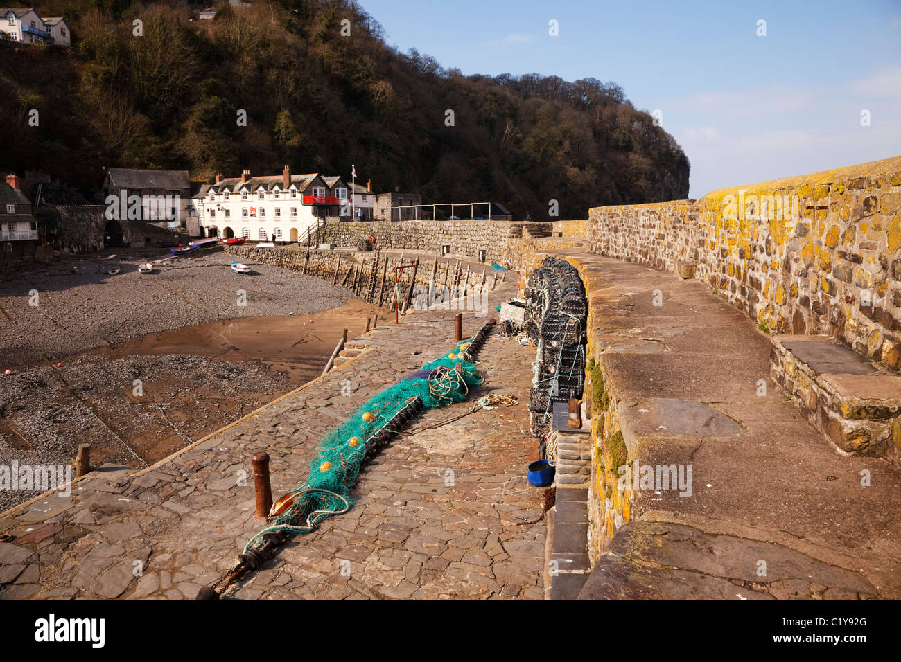 Quay at Clovelly, Devon, leading to the Red Lion Hotel. Stock Photo