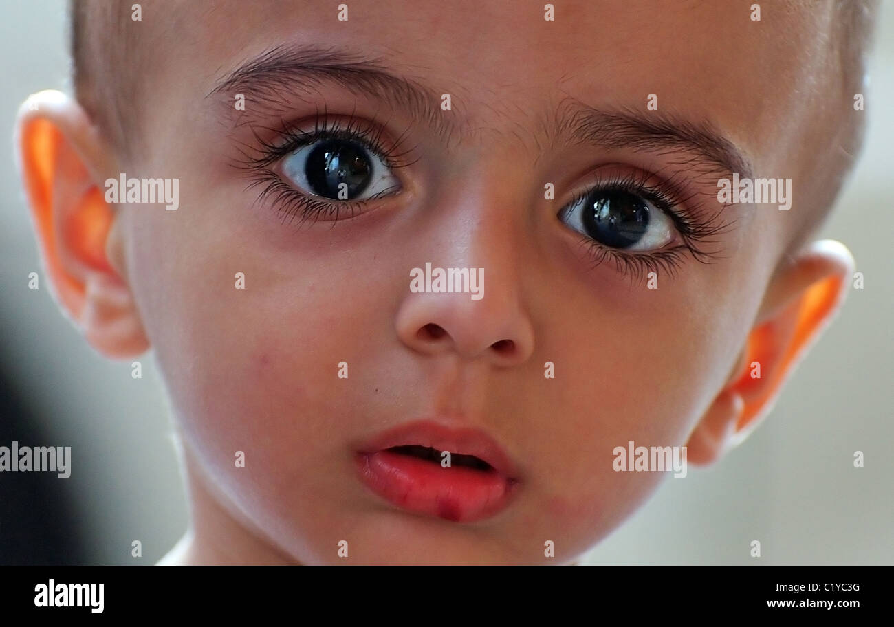 Portrait of a Syrian boy with big, sad eyes, Aleppo, Syria Stock Photo