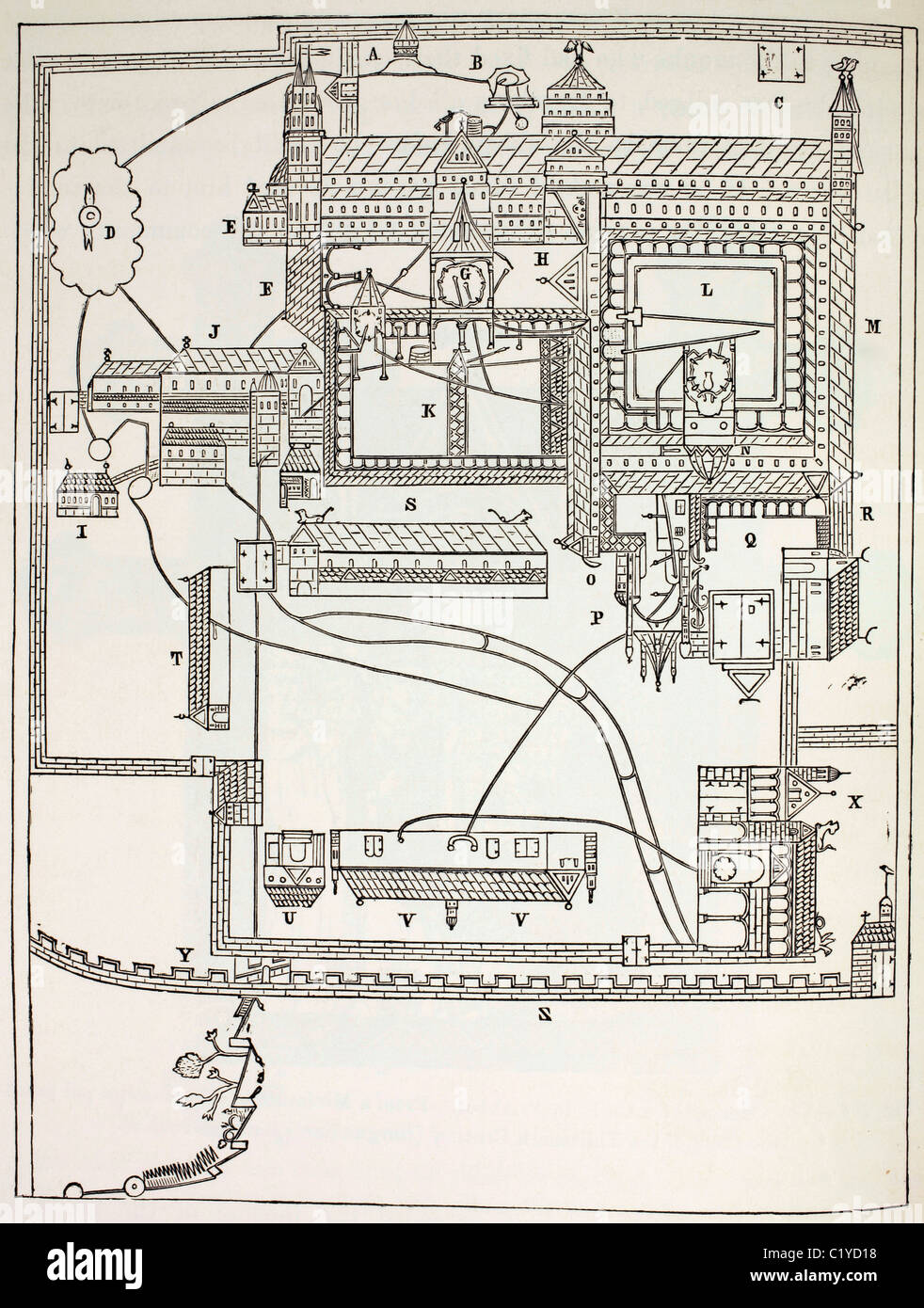 Plan of the Benedictine Monastery at Canterbury, England, in the 12th century. Stock Photo
