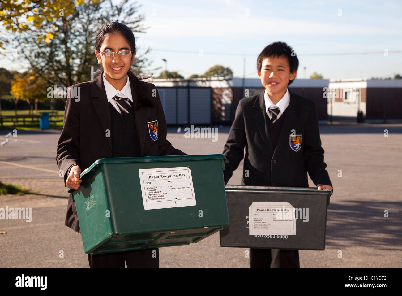 schoolchildren "school children" recycling paper Stock Photo