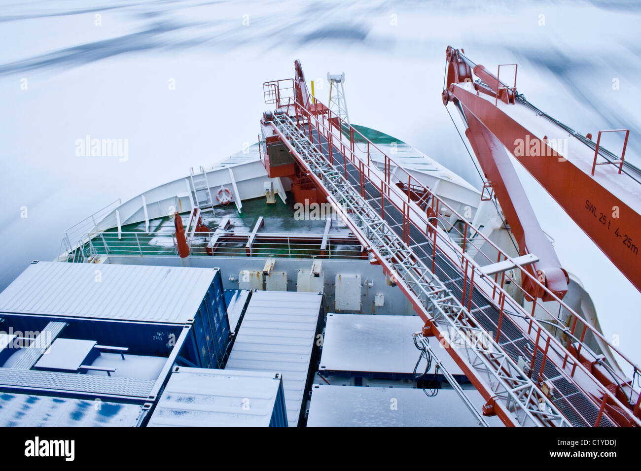 Ice breaker RV Polarstern moving through the ice in Antarctica Stock Photo