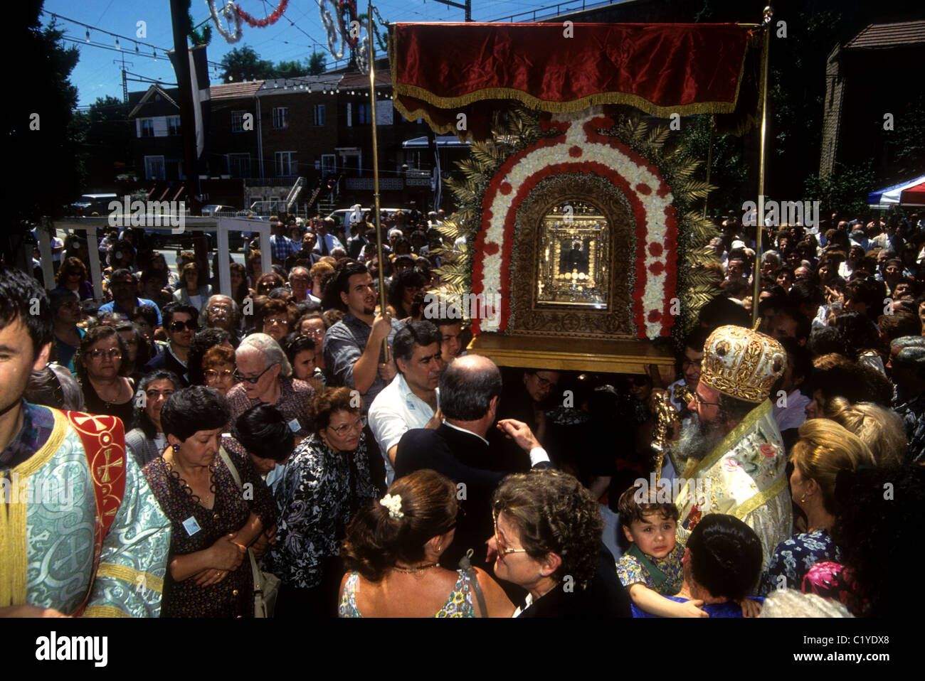 Parishioners carry the Miraculous Weeping Icon of St. Irene Chrysovalantou Stock Photo