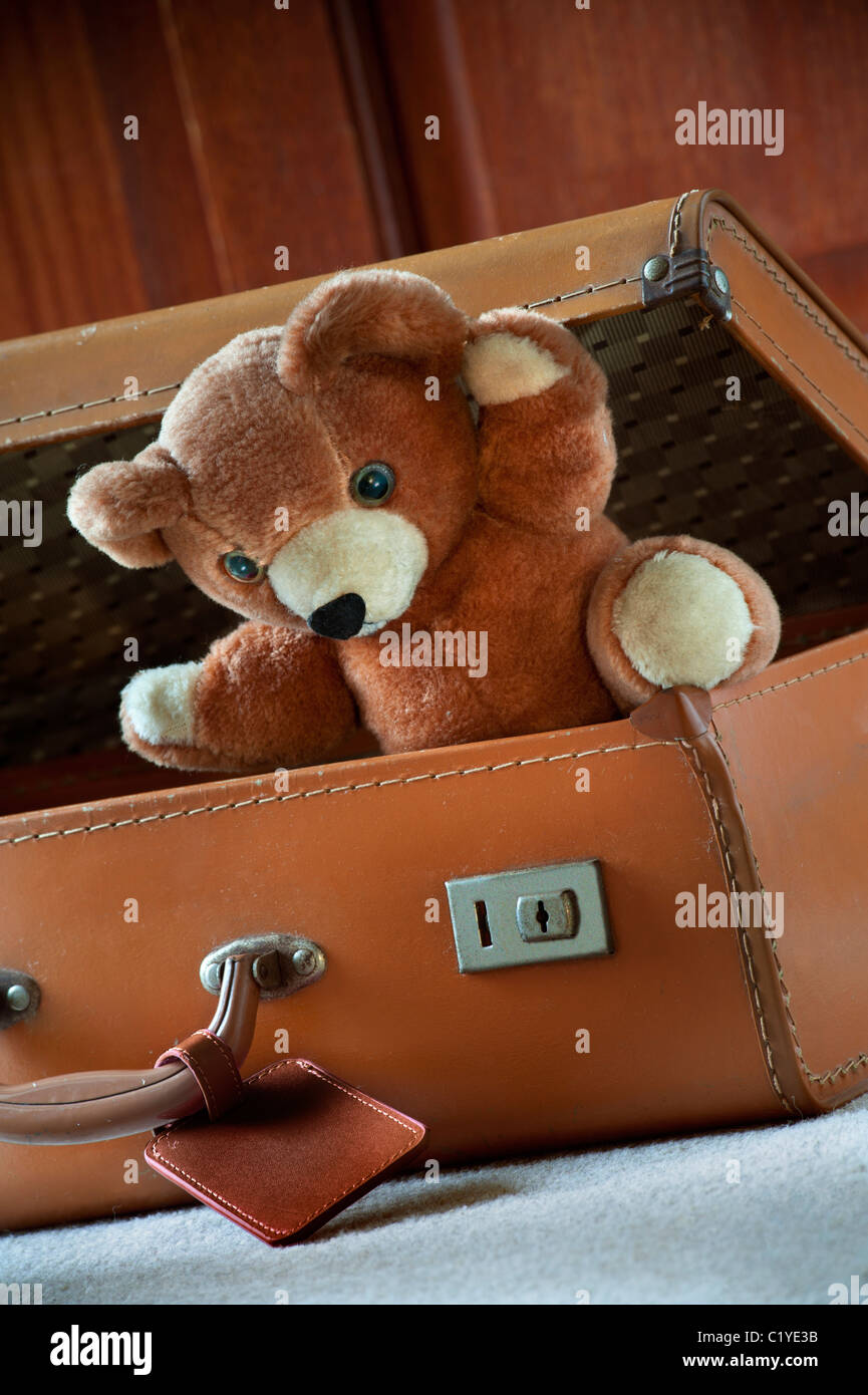TRAVEL TEDDY BEAR CHILD SUITCASE HOLIDAY Teddy Bear in vintage brown leather suitcase waving on holiday vacation Stock Photo