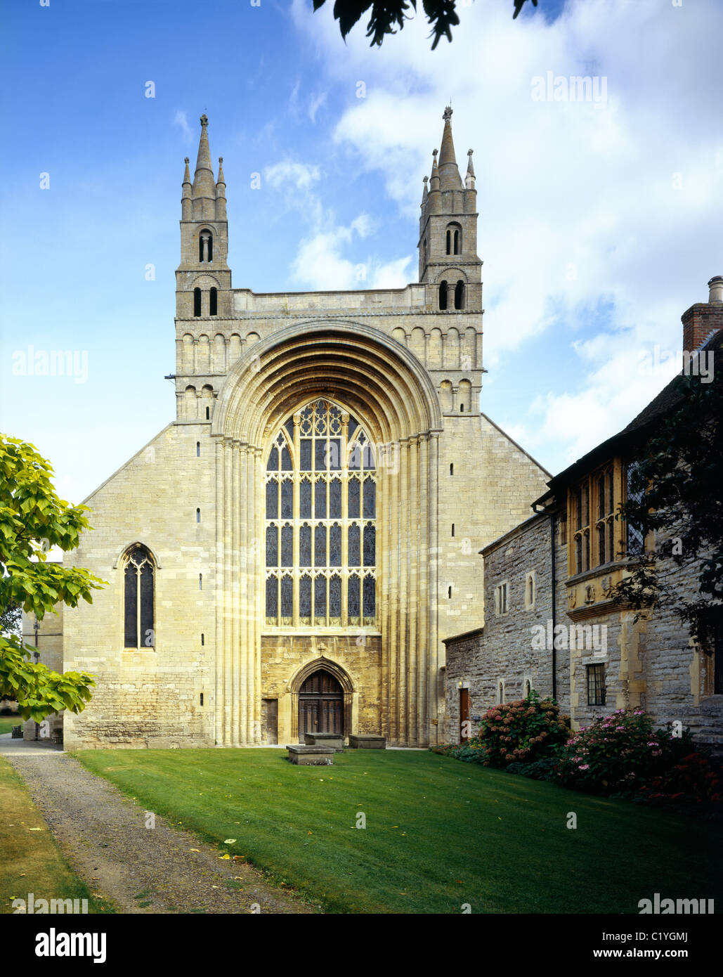 The Norman west front of Tewkesbury Abbey, Gloucestershire, England. Stock Photo