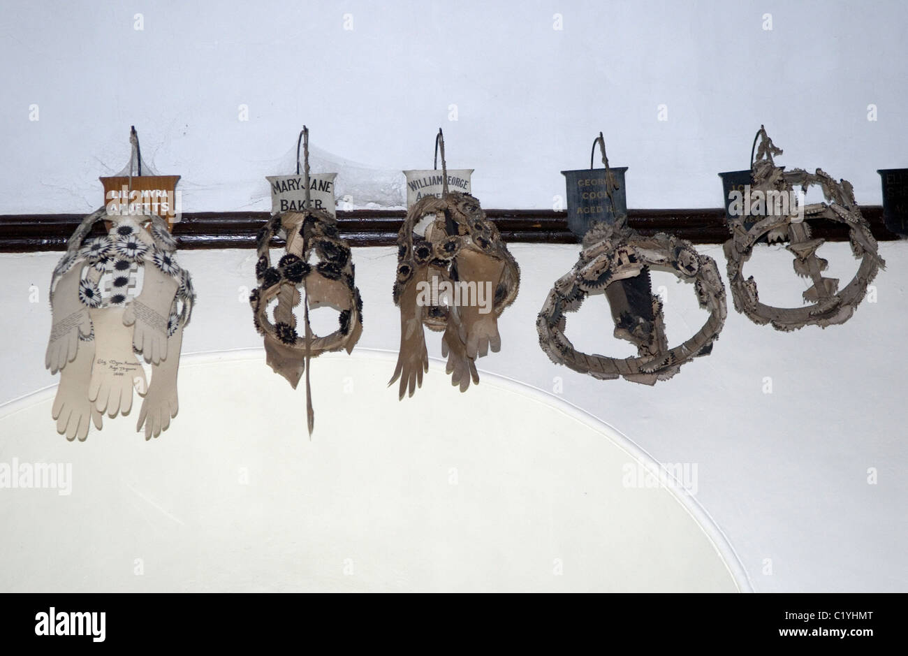 The Virgin Crowns Garlands and or Chaplets hanging in the church of St