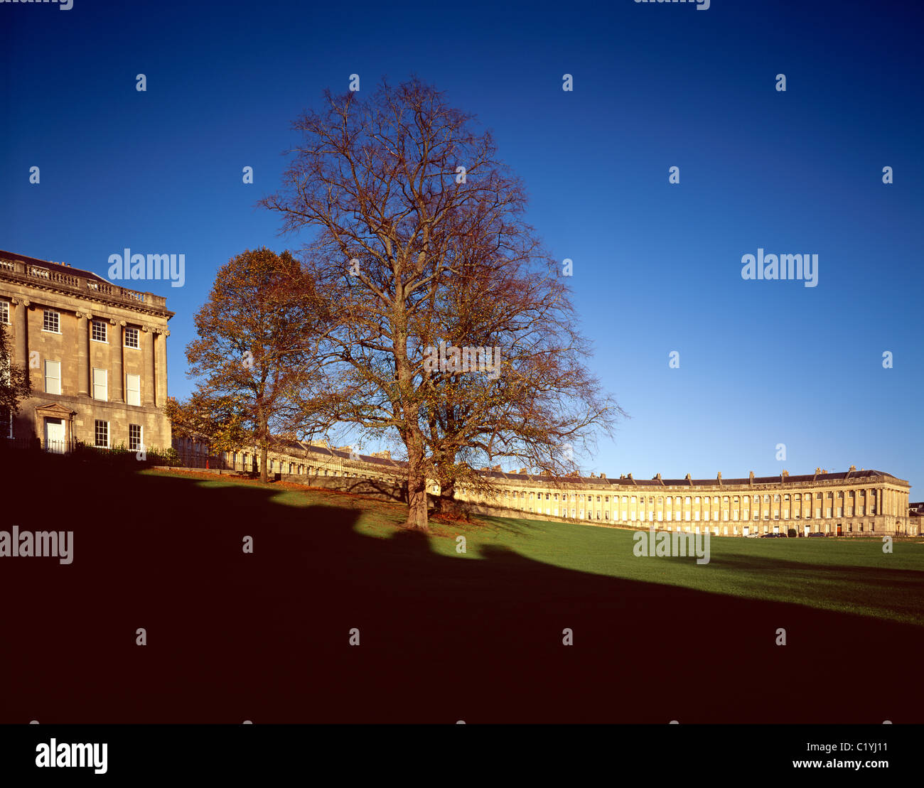 The Royal Crescent, City of Bath in evening light in autumn Stock Photo