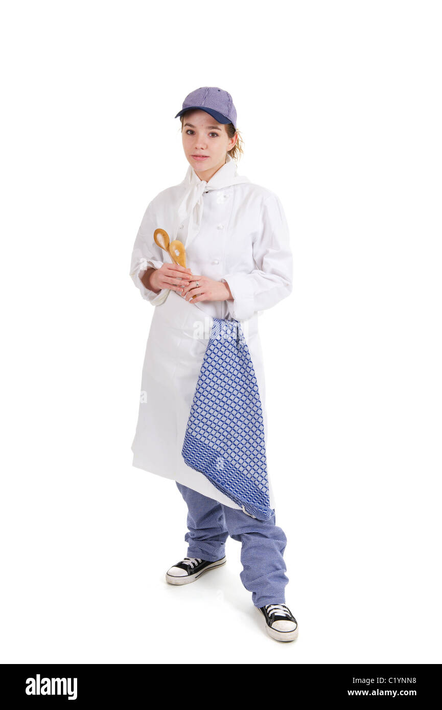 Young female cook with wooden spoons to prepare food Stock Photo Alamy