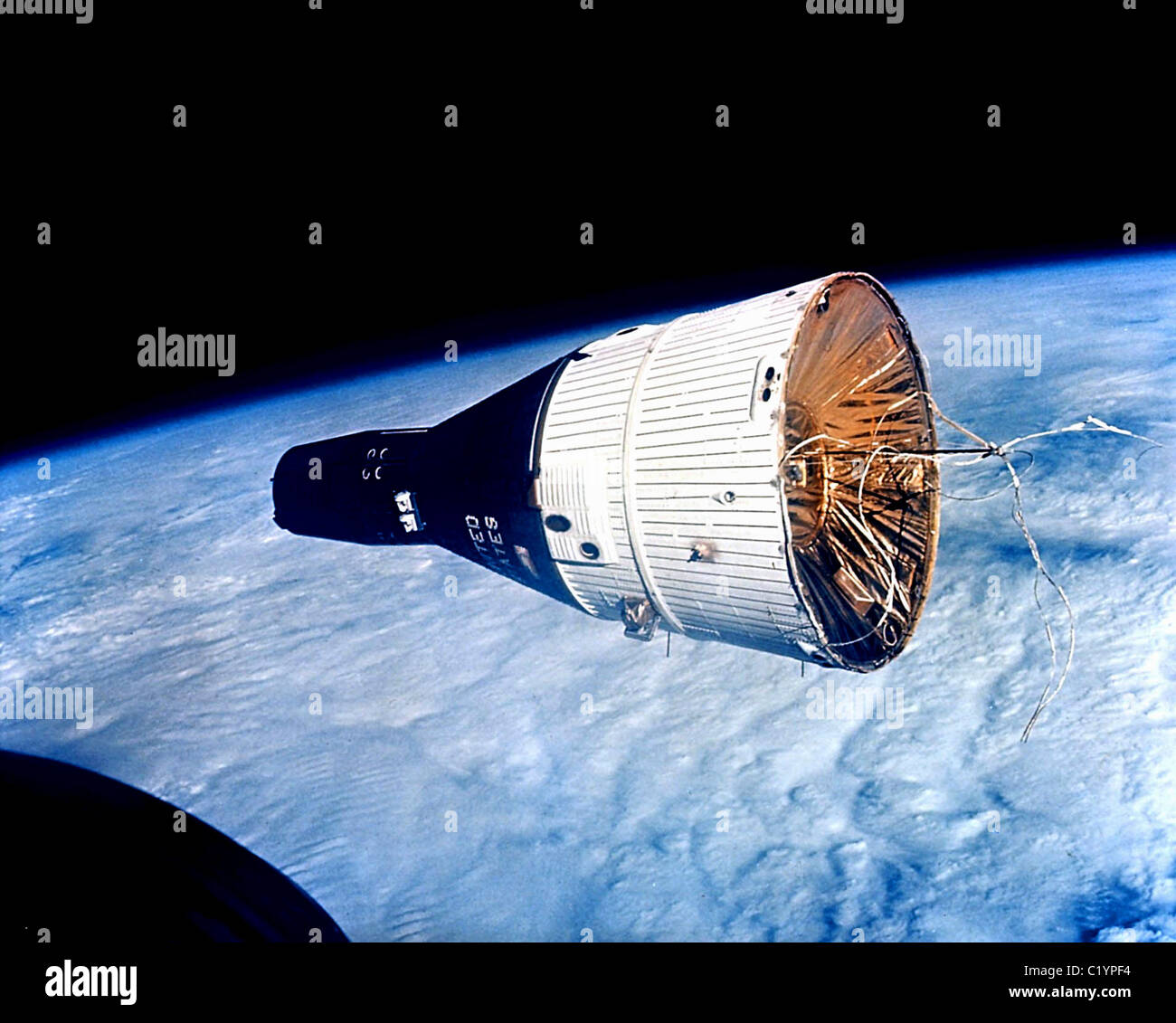 Gemini 7 as seen from Gemini 6 during their rendezvous in space (NASA) Stock Photo