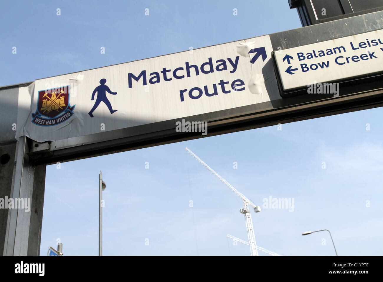 UK.FOOTBALL MATCH DAY SIGN FOR WEST HAM STADIUM AT CANNING TOWN STATION IN LONDON Stock Photo