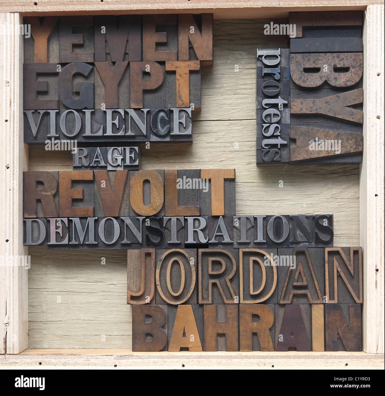 words associated with uprisings in the Middle East in old wood and