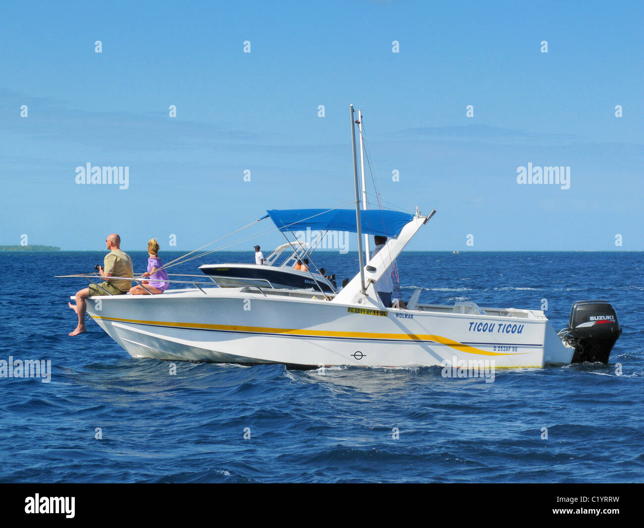 Tourists snorkeling and swimming with dolphins in the Baie de la Grande