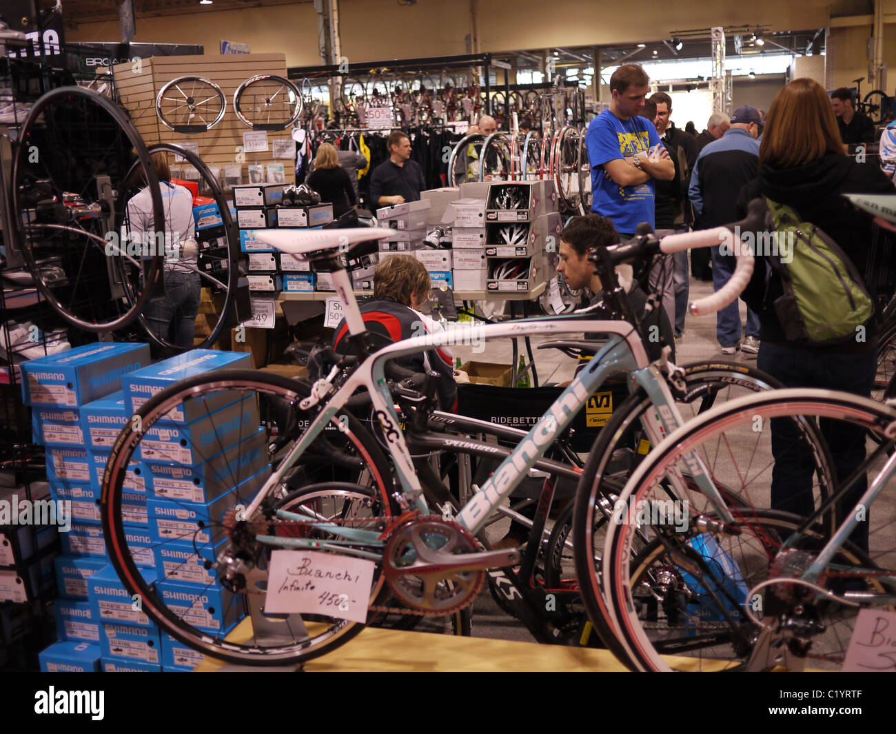 Expensive carbon fibre racing bicycles on display Stock Photo