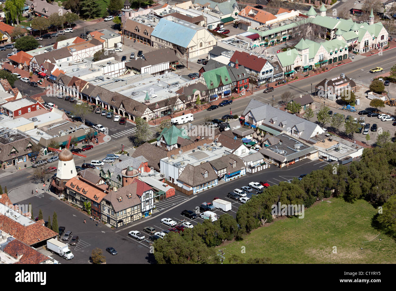 AERIAL VIEW. Town with Danish architecture founded by Danish settlers. Solvang, Santa Ynez Valley, Santa Barbara County, California, USA. Stock Photo