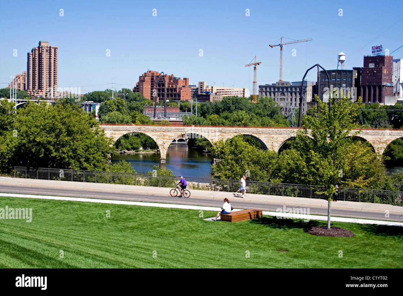 Mississippi River flowing under the Stone Arch Bridge. Gold Medal Park Minneapolis Minnesota MN
