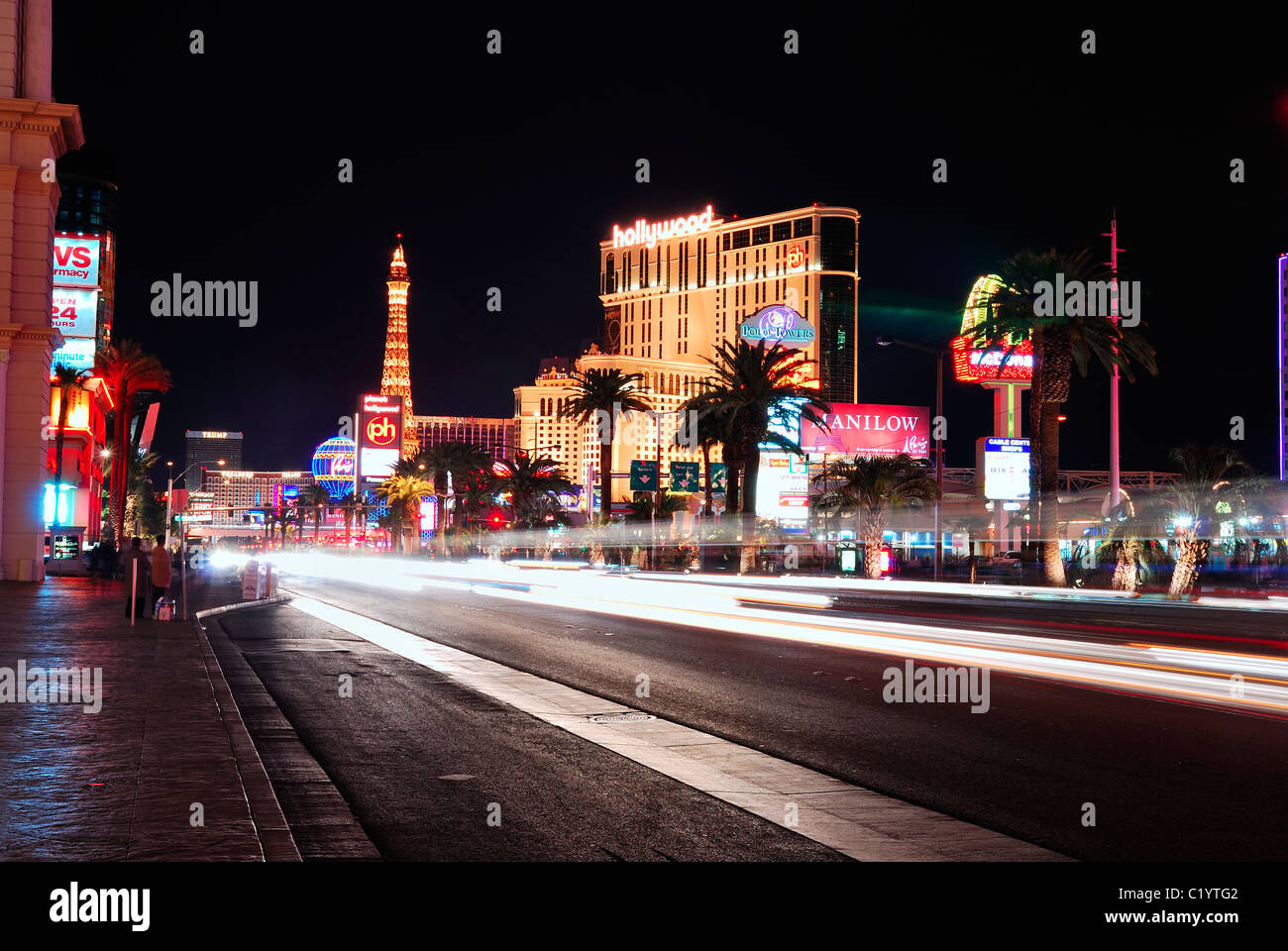 Busy street and Paris Hotel and Casino with Eiffel Tower, Las Vegas Stock Photo