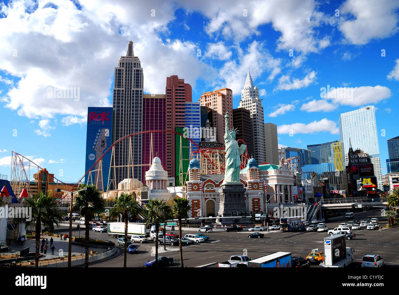 New York-New York hotel casino creating New York City skyline with skyscraper towers and Statue of Liberty replica. Las Vegas Stock Photo