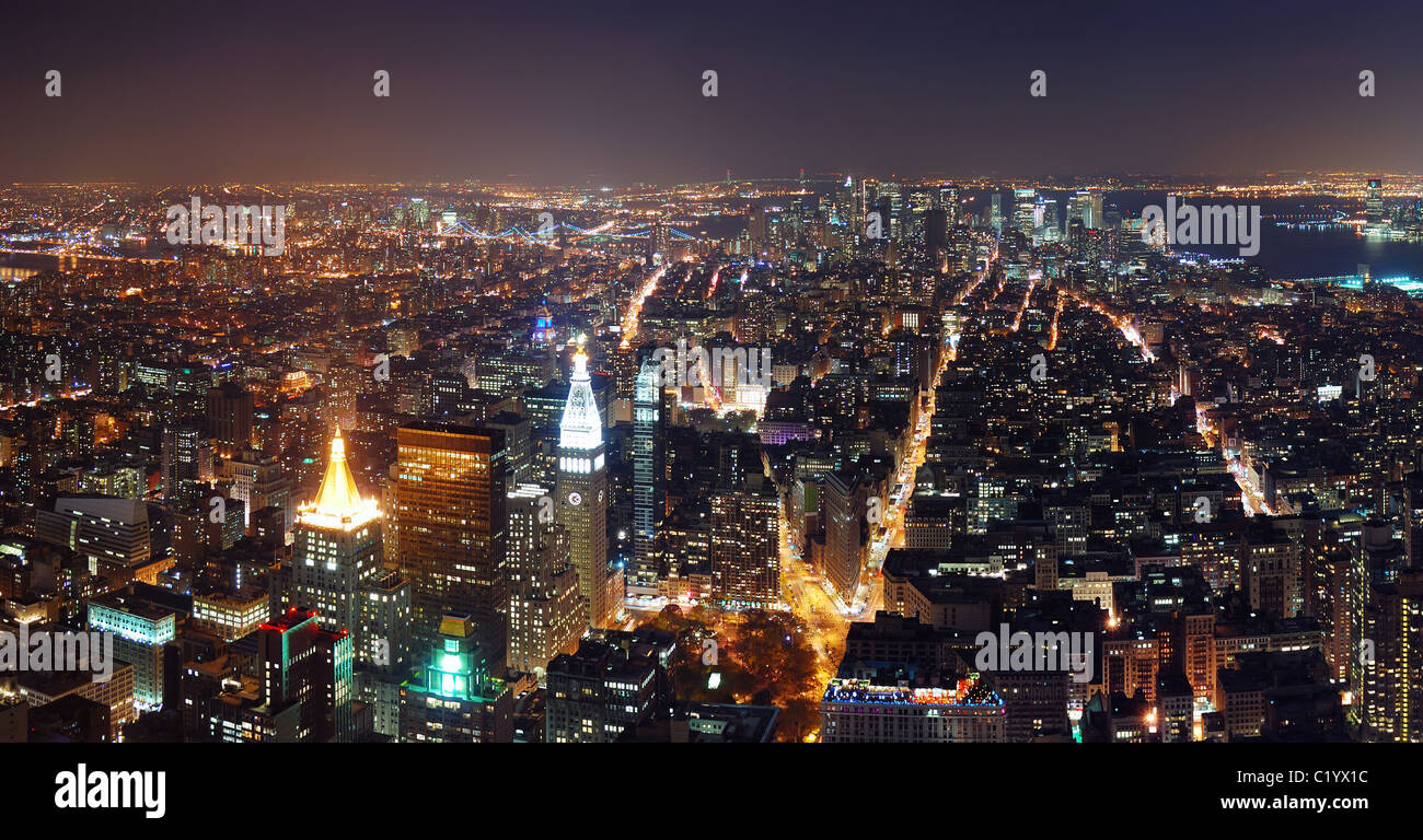 New York City aerial view panorama with Manhattan skyline at night ...