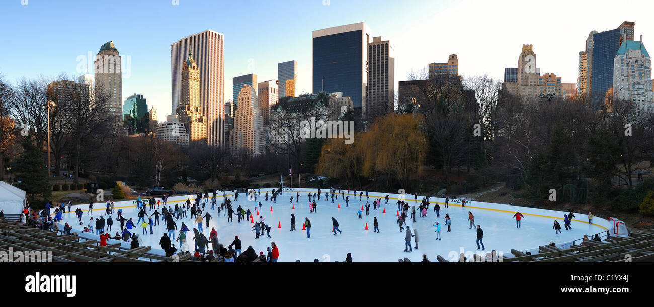 Central Park Ice Skate Panorama, New York City with skyscrapers Stock Photo