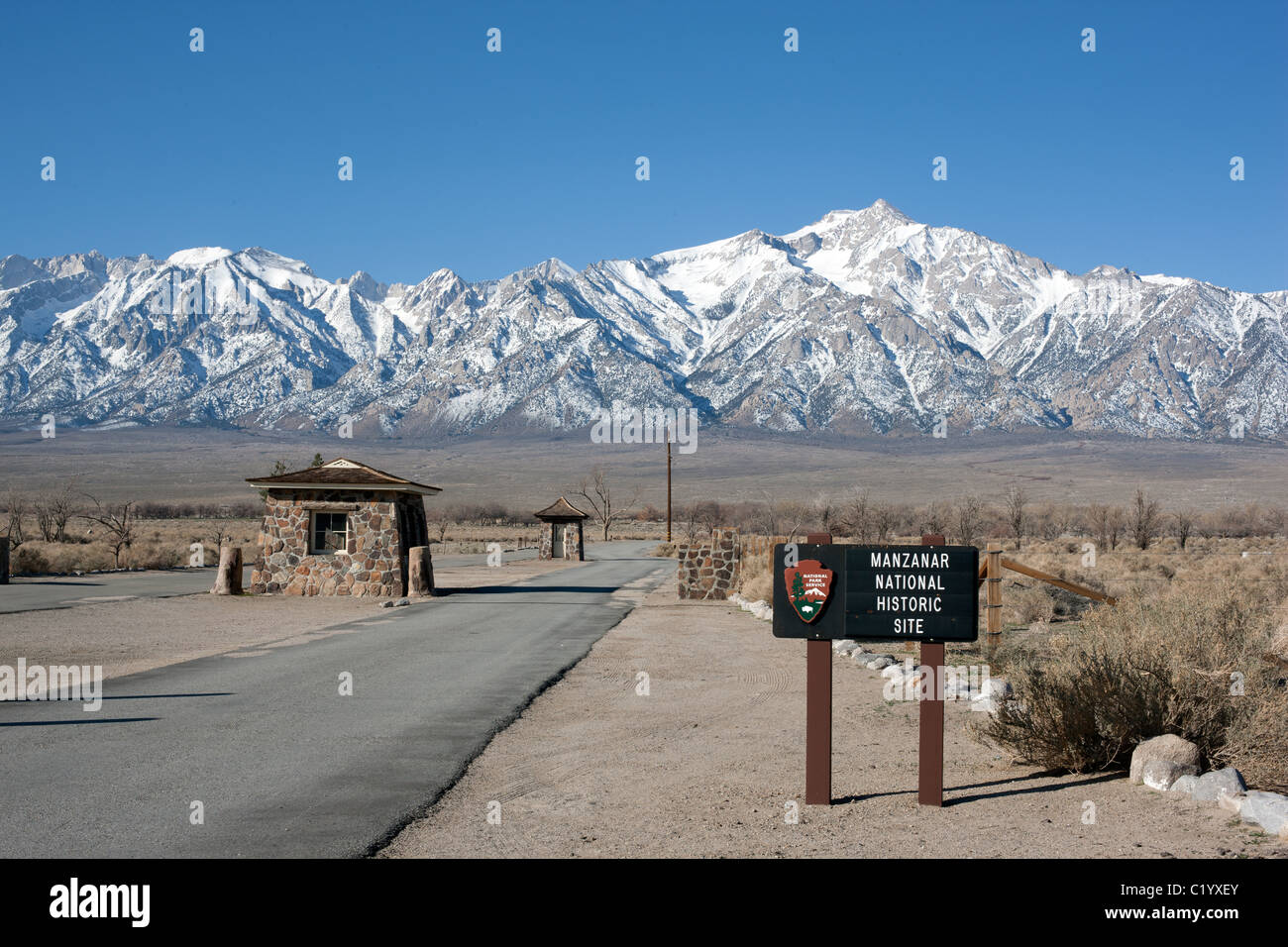 During world war II, 110,000 Japanese Americans were interned in Manzanar and similar camps until the end of the war. Owens Valley, USA. Stock Photo