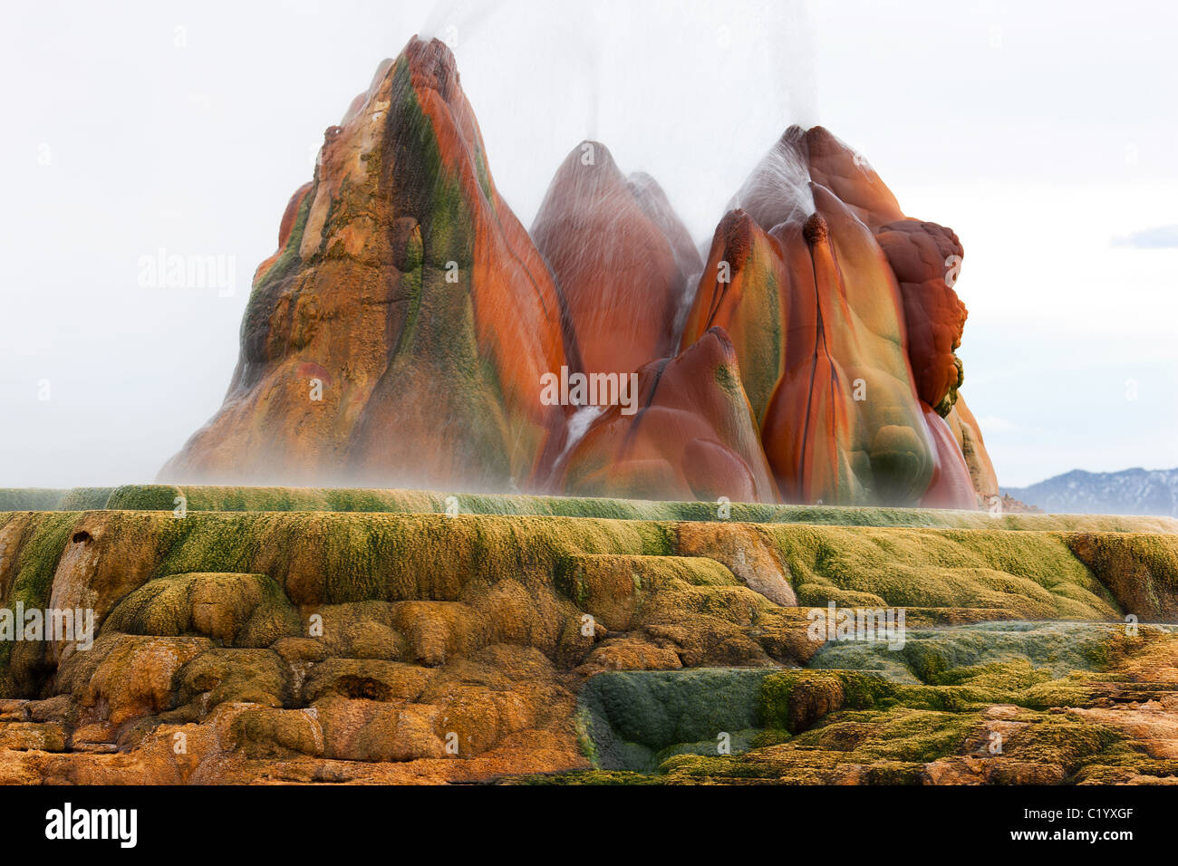 Fly Geyser is a geyser whose origin has been triggered accidently by men when they were drilling for geothermal resources. Near Gerlach, Nevada, USA. Stock Photo