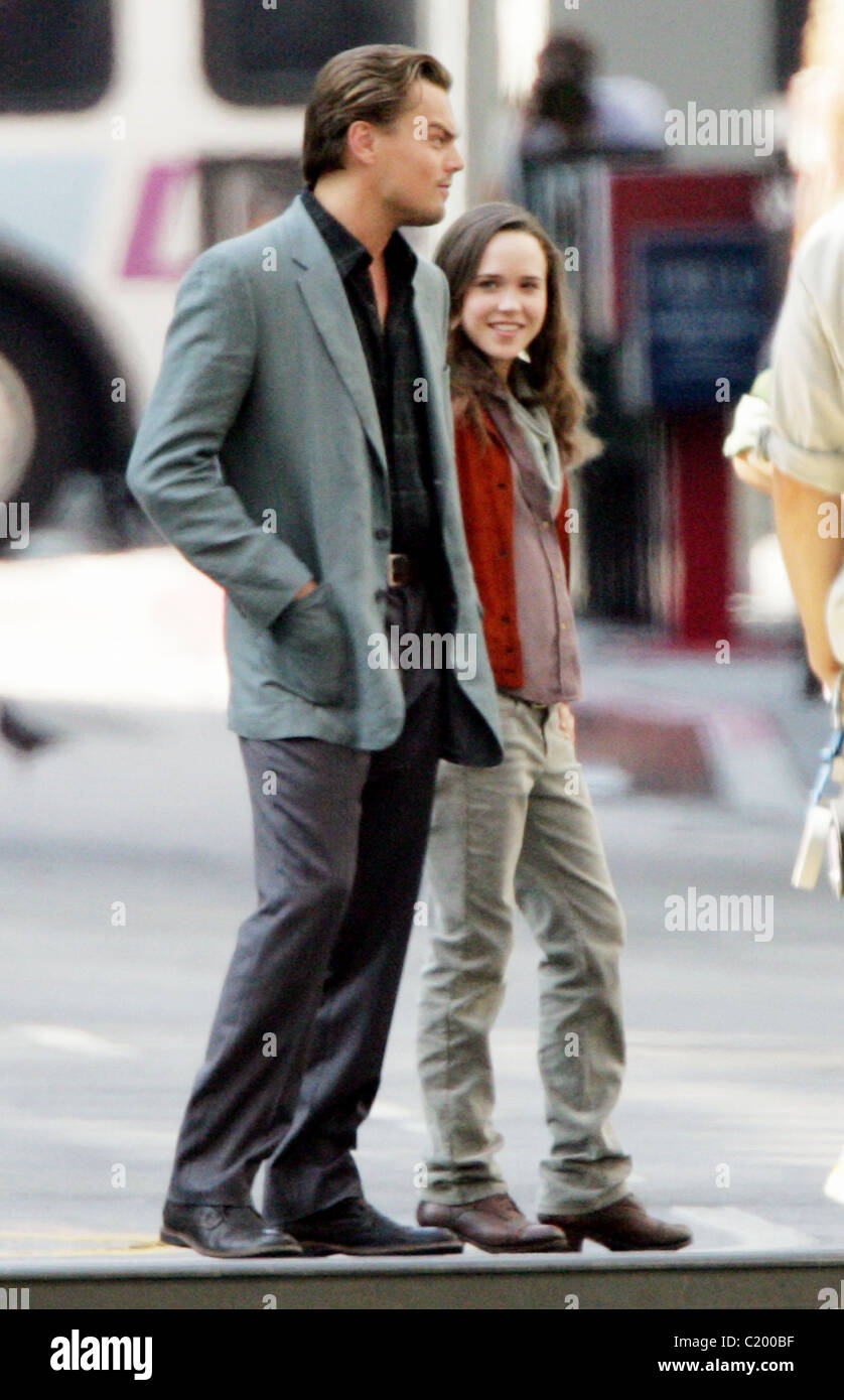 Leonardo DiCaprio and Ellen Page on the film set for their new film  'Inception' on location. Los Angeles, California, USA Stock Photo - Alamy