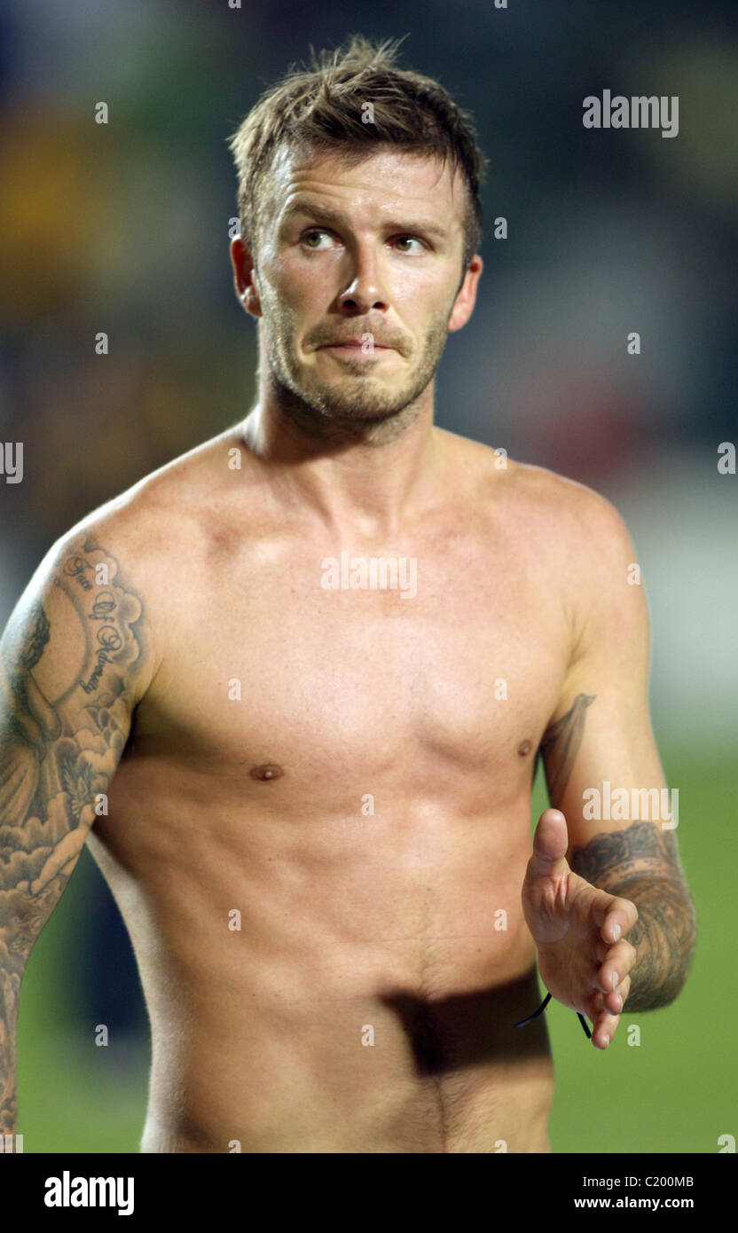 David Beckham reveals his Emporio Armani underwear as he leaves the field  after Los Angeles Galaxy were crushed 6-3 by FC Stock Photo - Alamy