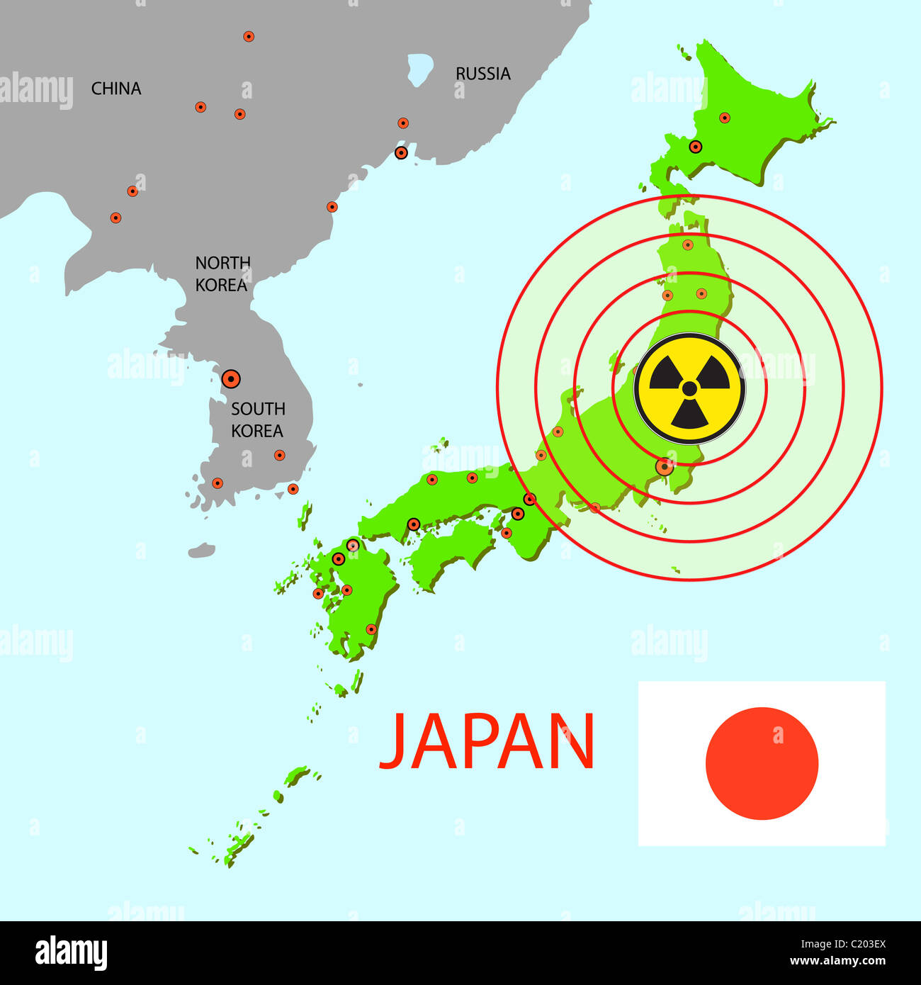 Japan map with danger on an atomic power station Stock Photo