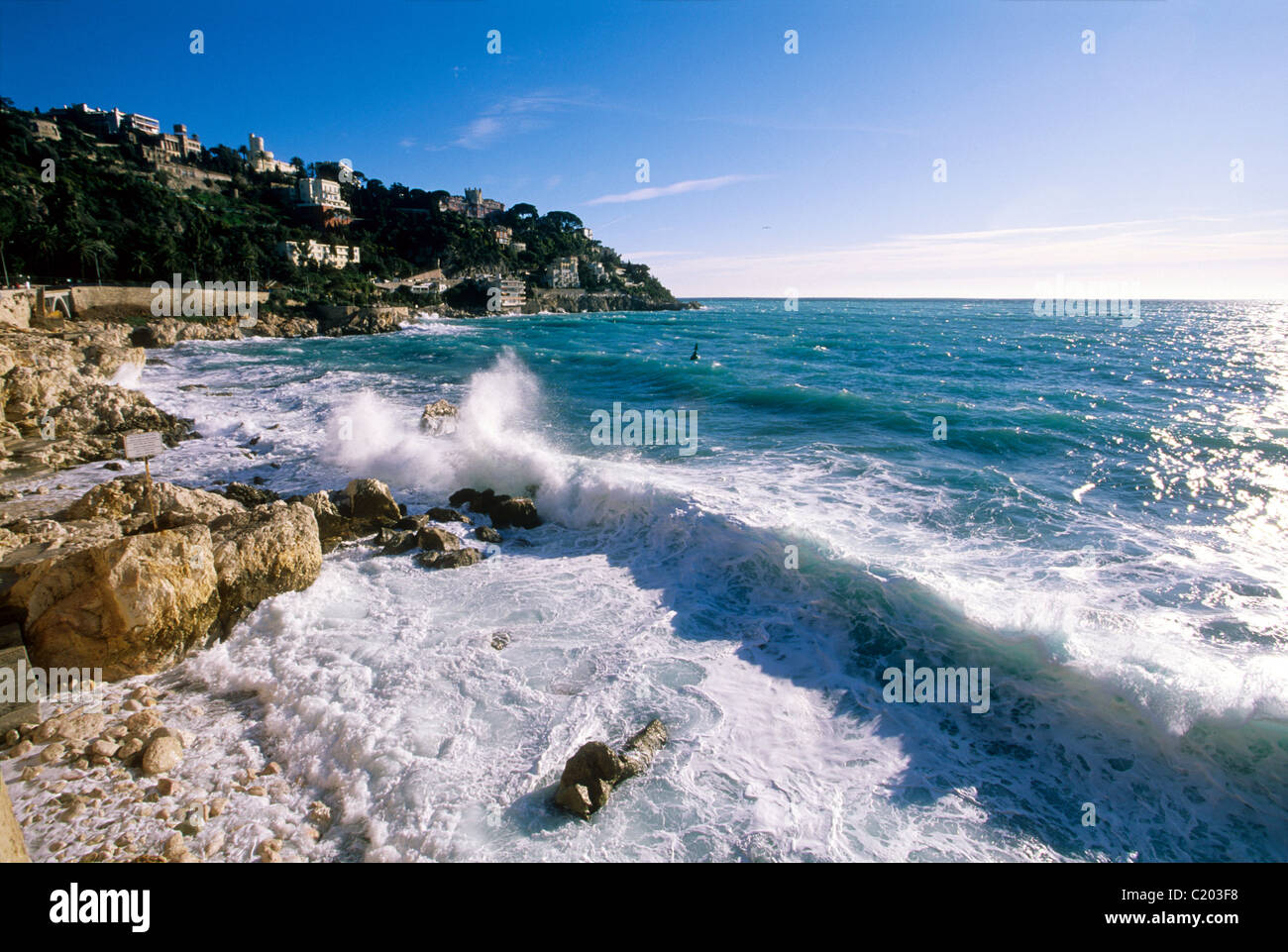 Rough sea in Nice near the beach called 'La Reserve' Stock Photo