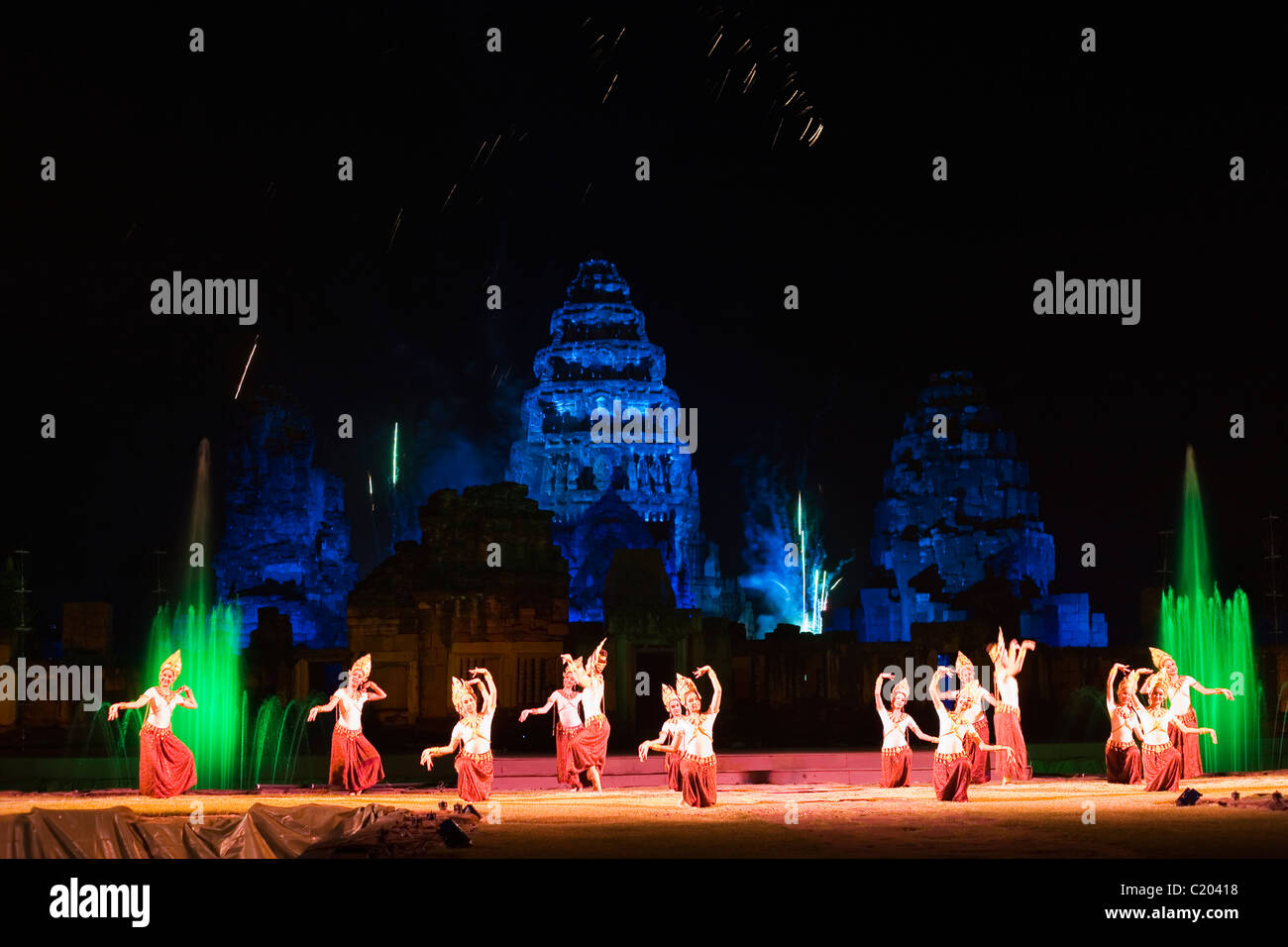 Sound and light show at the Prasat Phimai temple during the annual Phimai festival.  Phimai, Nakhon Ratchasima, Thailand Stock Photo