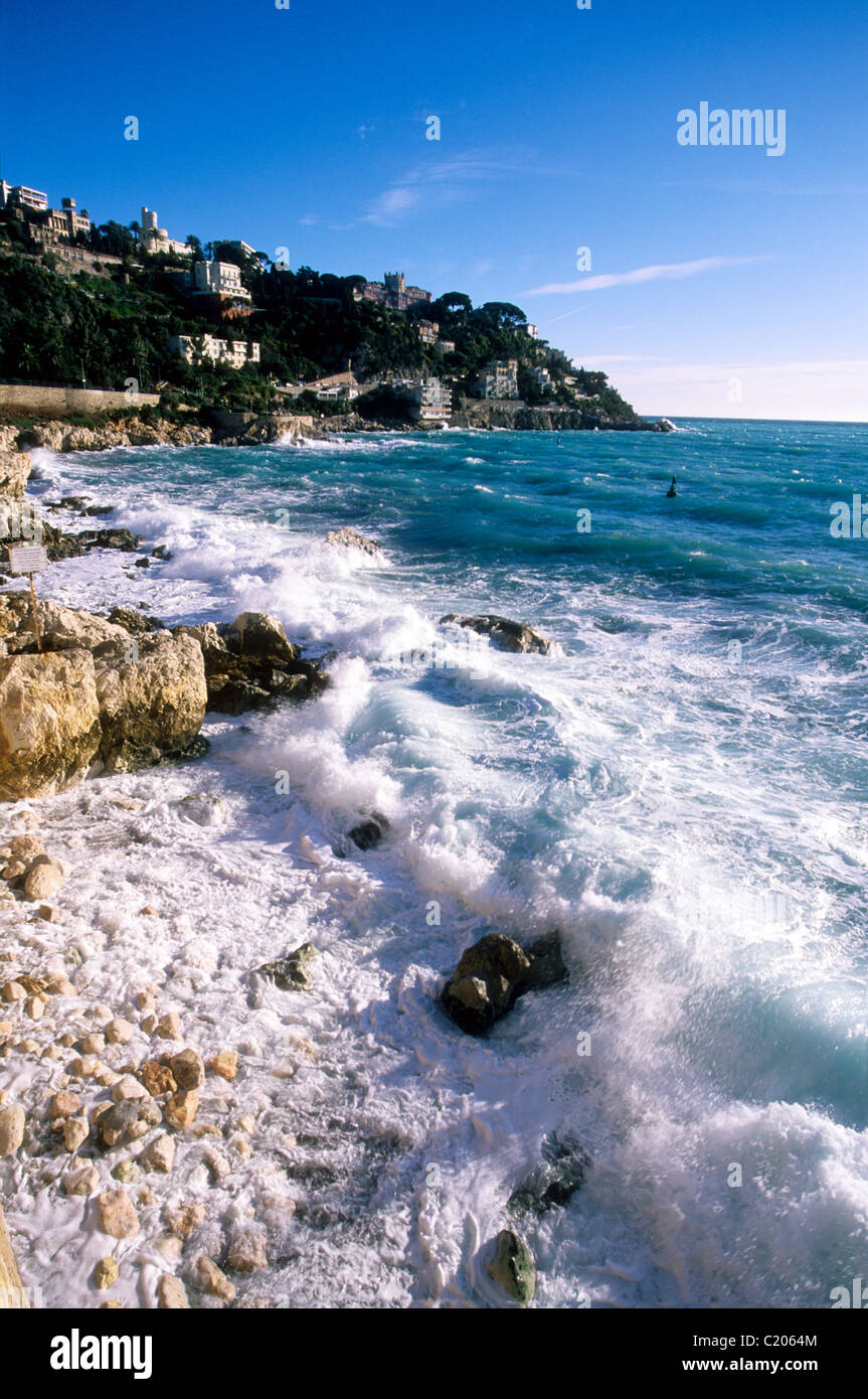 Rough sea in Nice near the beach called 'La Reserve' Stock Photo