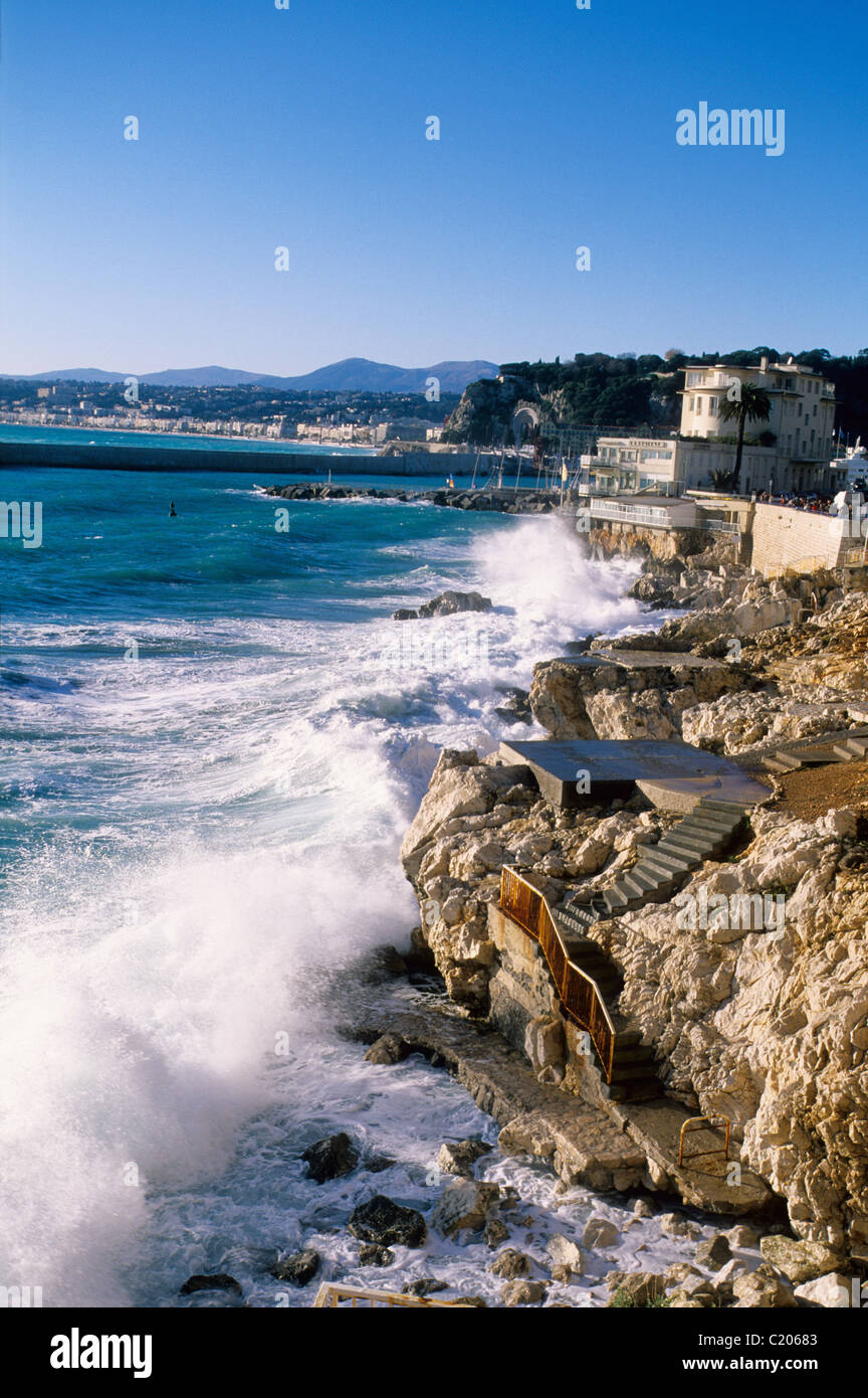 Rough sea in Nice near the beach called 'La Reserve' Stock Photo