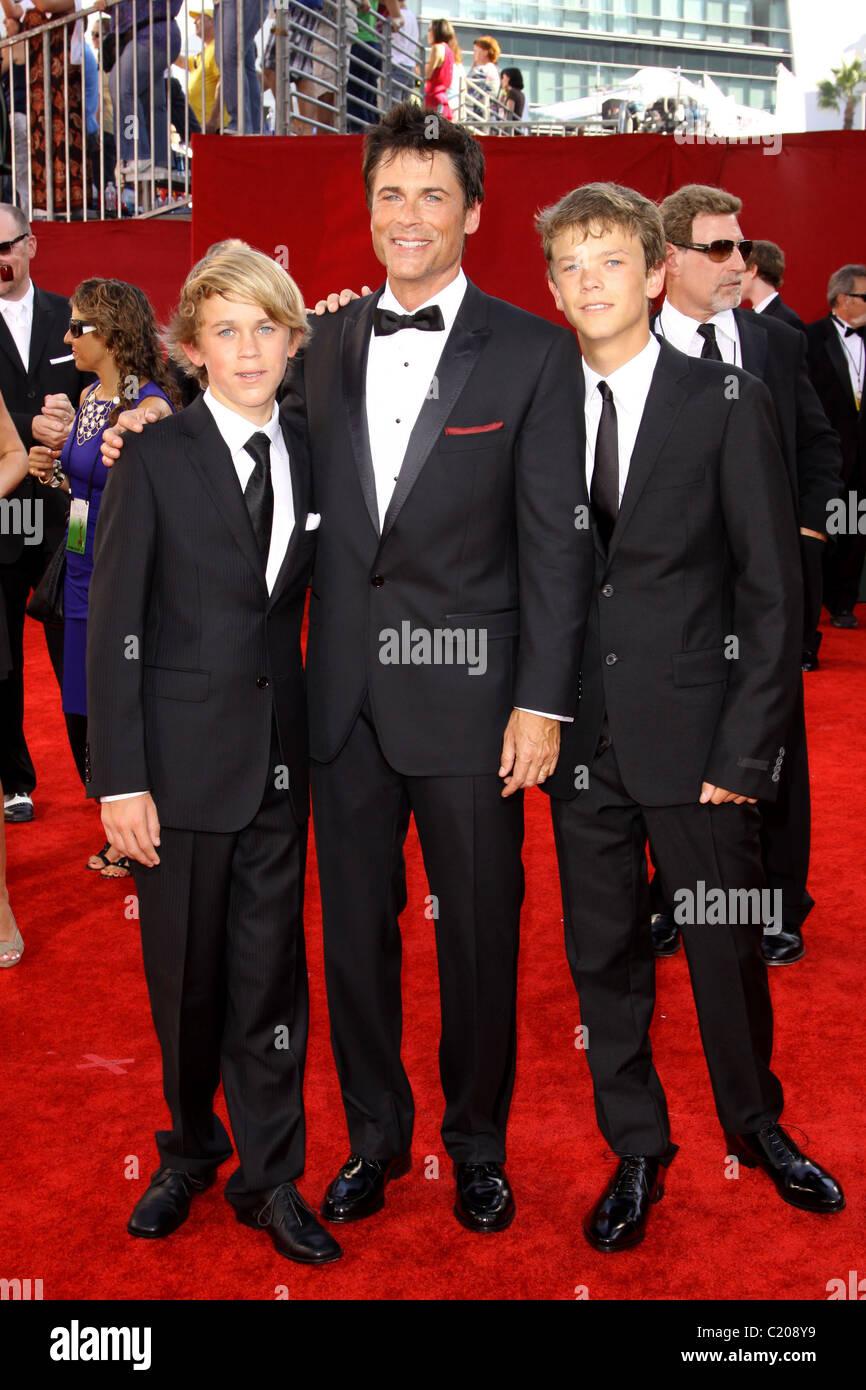 Rob Lowe with his sons Matthew Edward Lowe (L) and John Owen Lowe 61st Primetime Emmy Awards held at the Nokia Theatre  Los Stock Photo